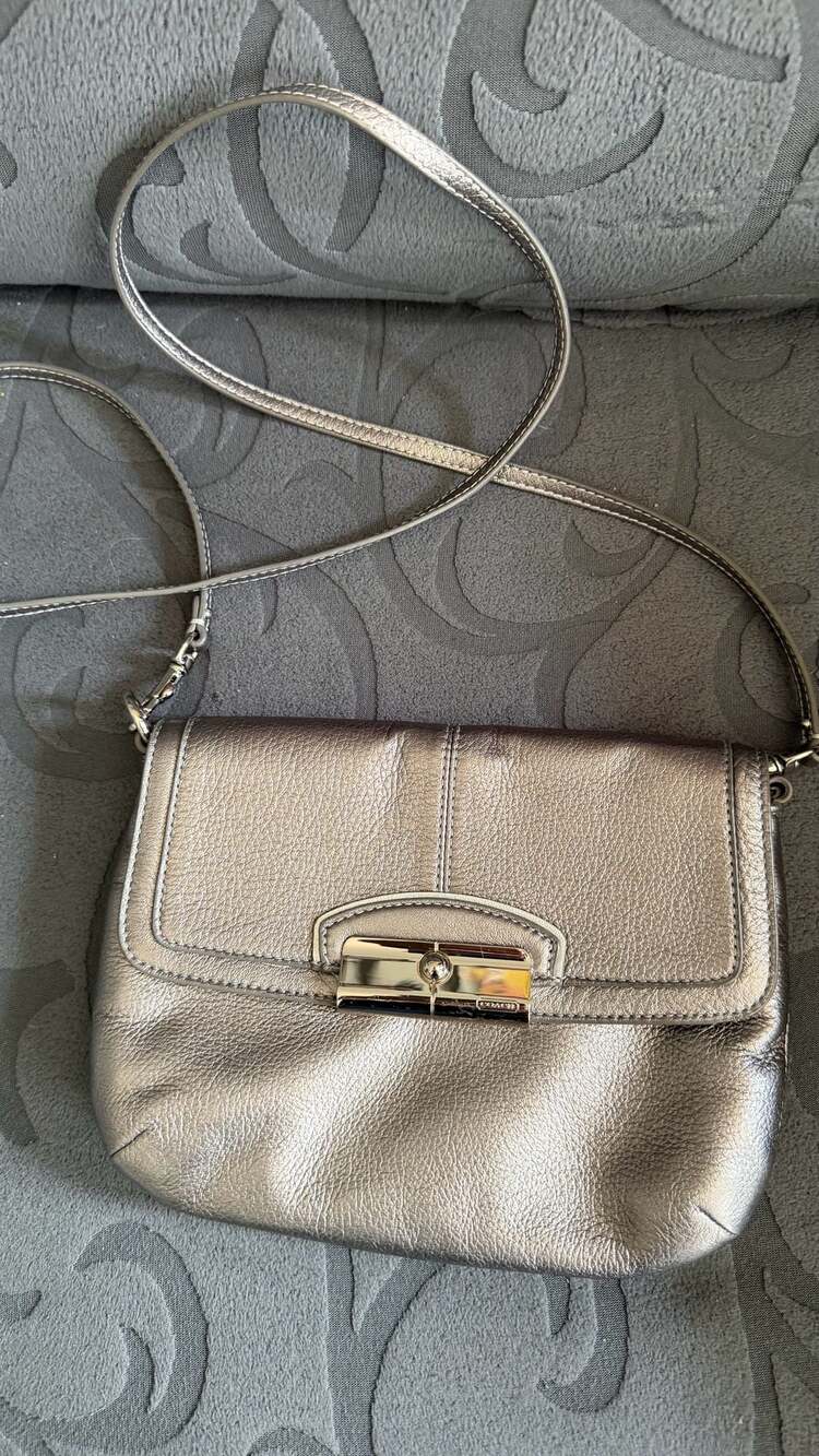 Coach Metallic Gray Leather Crossbody Bag with Silver lock and Purple Lining